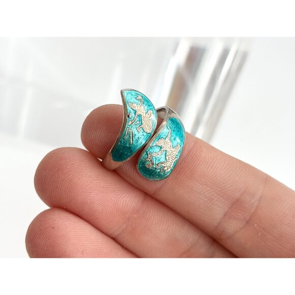 Teal Guilloche Wrap Siam Thai Nielloware 925 Sterling Silver Vintage Ring - sz 7 - Picture 14 of 15